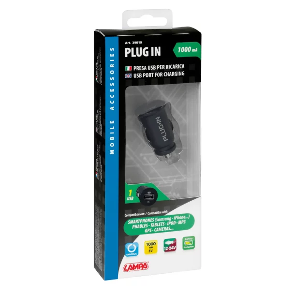 Plug-in, USB charger, 1000 mA, 12/24V