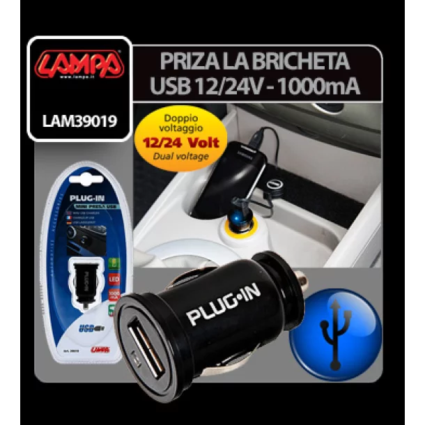 Plug-in, USB charger, 1000 mA, 12/24V