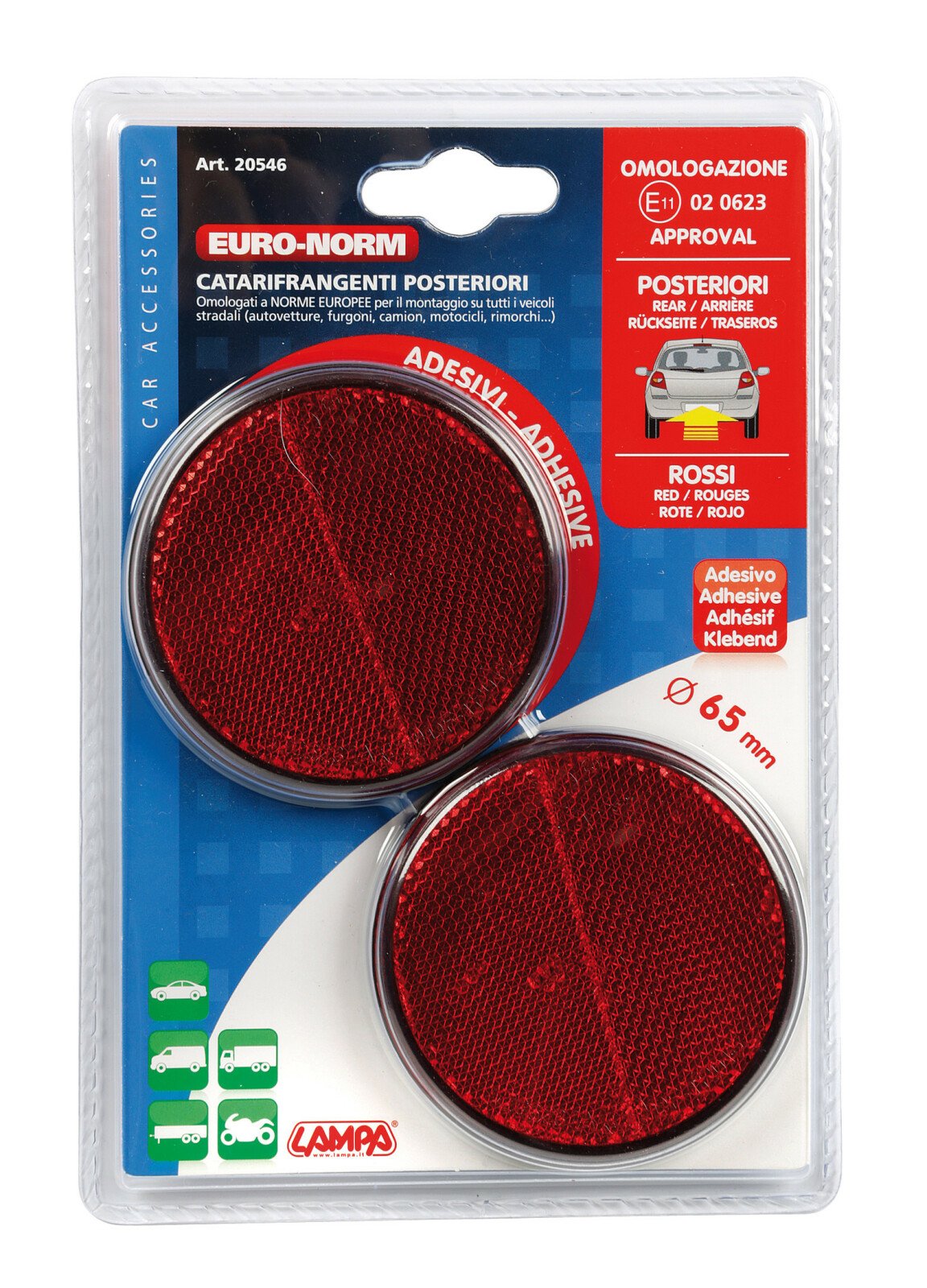 Euro-Norm, round reflectors - Ø65 mm - Red thumb