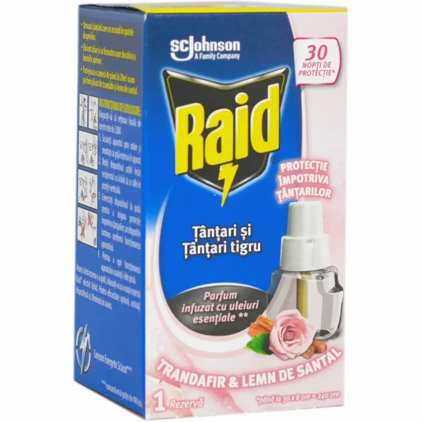 Rezerva lichid impotriva tantarilor Raid, Trandafir si Lemn de Santal, 30 nopti, 21ml