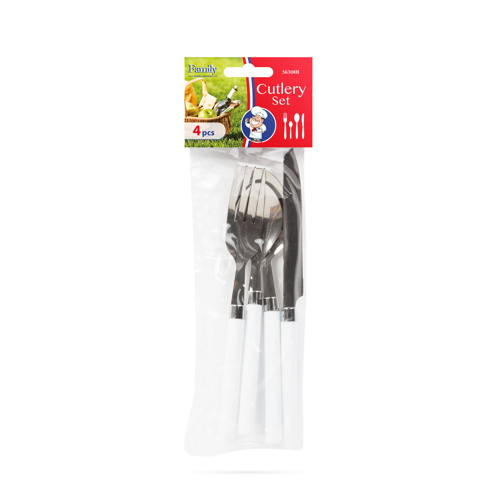 Cutlery set - white - 4 pcs- with plastic handle thumb
