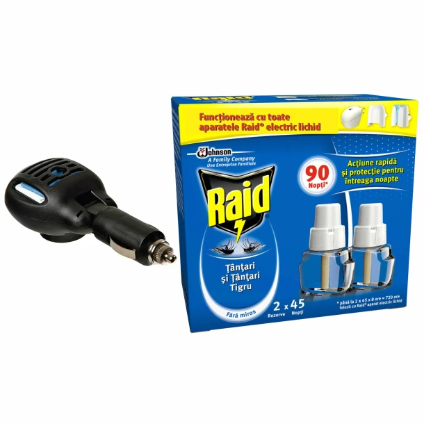 Set dispozitiv electric universal 12/24V si rezerva dubla lichid impotriva tantarilor Raid, 90 nopti, 2x27ml