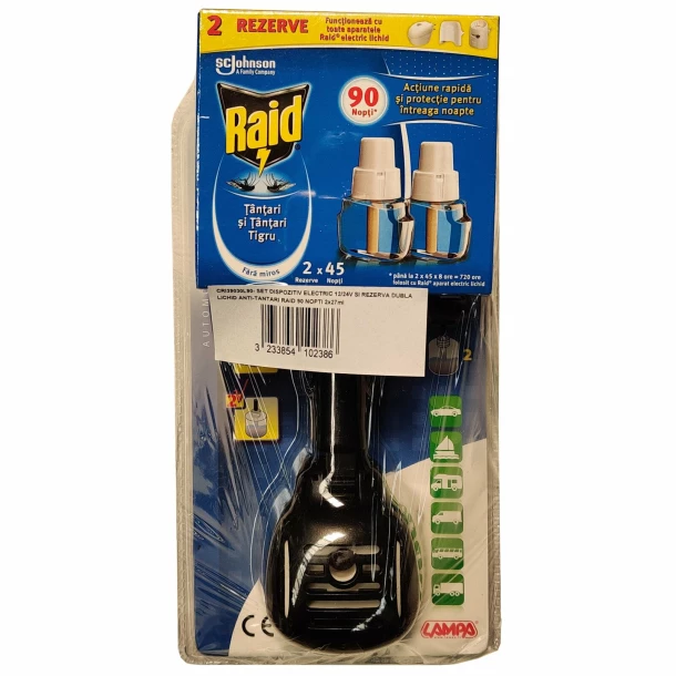 Set dispozitiv electric universal 12/24V si rezerva dubla lichid impotriva tantarilor Raid, 90 nopti, 2x27ml