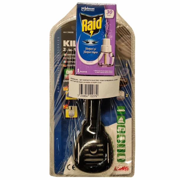 Set dispozitiv electric universal 12/24V si rezerva lichid impotriva tantarilor Raid, Lavanda 30 nopti, 21ml