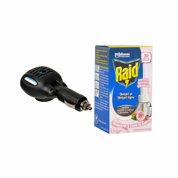 Set dispozitiv electric universal 12/24V si rezerva lichid impotriva tantarilor Raid, Trandafir si Lemn de Santal, 30 nopti, 21ml