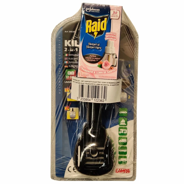 Set dispozitiv electric universal 12/24V si rezerva lichid impotriva tantarilor Raid, Trandafir si Lemn de Santal, 30 nopti, 21ml