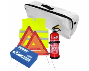 Set pachet prim ajutor auto, trusa sanitara PET, stingator 1kg Cridem, triunghi presemnalizare 2buc, vesta reflectorizanta, geanta organizatoare Alb