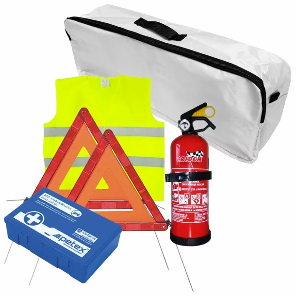 First aid package for car, extinguisher, first aid kit PET, 2pcs warning triangle, warning waistcoat, trunk organizer White