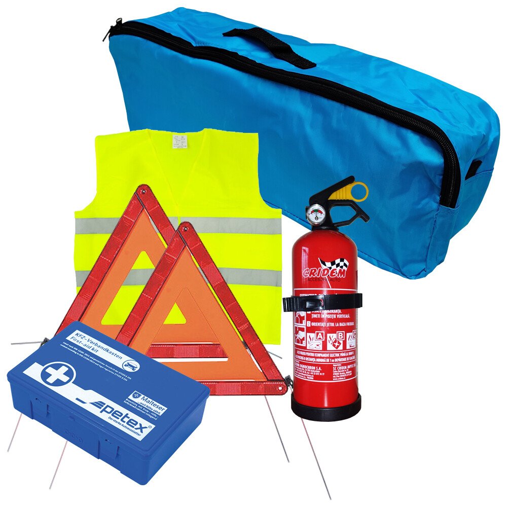 First aid package for car, extinguisher, first aid kit PET, 2pcs warning triangle, warning waistcoat, trunk organizer Blue thumb