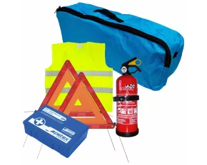 Set pachet prim ajutor auto, trusa sanitara PET, stingator 1kg Cridem, triunghi presemnalizare 2buc, vesta reflectorizanta, geanta organizatoare Albastru