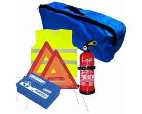 Set pachet prim ajutor auto, trusa sanitara PET, stingator 1kg Cridem, triunghi presemnalizare 2buc, vesta reflectorizanta, geanta organizatoare Bleumarin