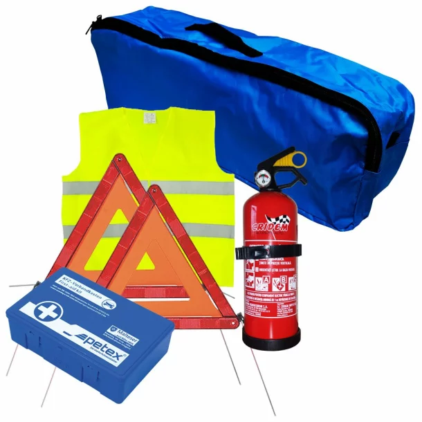 Set pachet prim ajutor auto, trusa sanitara PET, stingator 1kg Cridem, triunghi presemnalizare 2buc, vesta reflectorizanta, geanta organizatoare Bleumarin