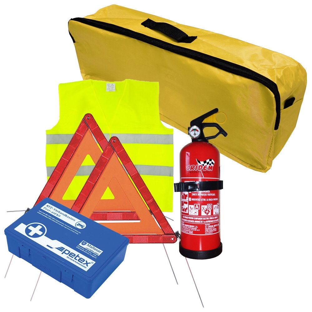 First aid package for car, extinguisher, first aid kit PET, 2pcs warning triangle, warning waistcoat, trunk organizer Yellow thumb