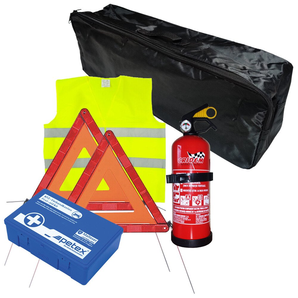 First aid package for car, extinguisher, first aid kit PET, 2pcs warning triangle, warning waistcoat, trunk organizer Black thumb