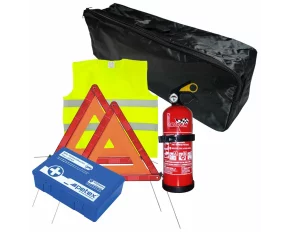 Set pachet prim ajutor auto, trusa sanitara PET, stingator 1kg Cridem, triunghi presemnalizare 2buc, vesta reflectorizanta, geanta organizatoare Negru