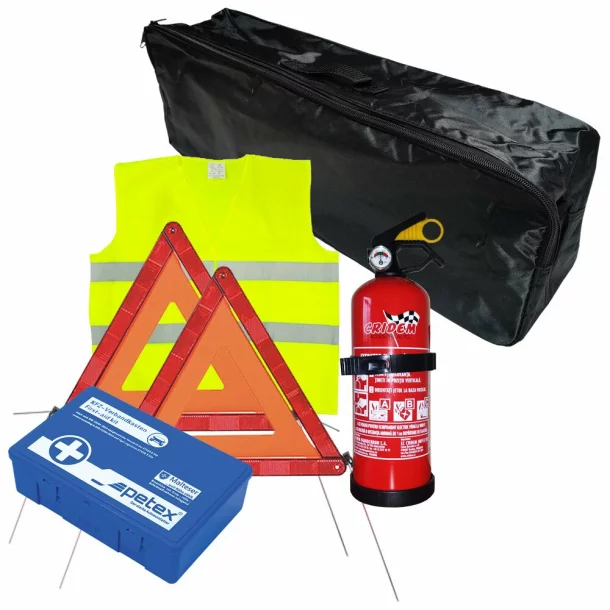 First aid package for car, extinguisher, first aid kit PET, 2pcs warning triangle, warning waistcoat, trunk organizer Black