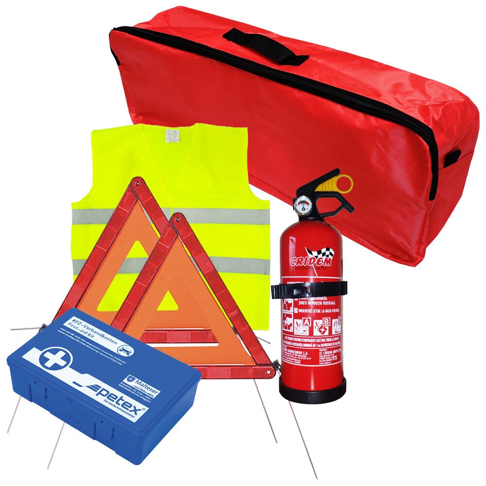 First aid package for car, extinguisher, first aid kit PET, 2pcs warning triangle, warning waistcoat, trunk organizer Red thumb
