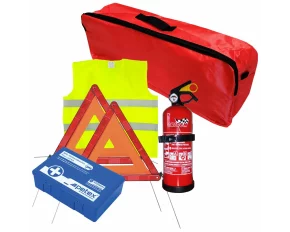 Set pachet prim ajutor auto, trusa sanitara PET, stingator 1kg Cridem, triunghi presemnalizare 2buc, vesta reflectorizanta, geanta organizatoare Rosu