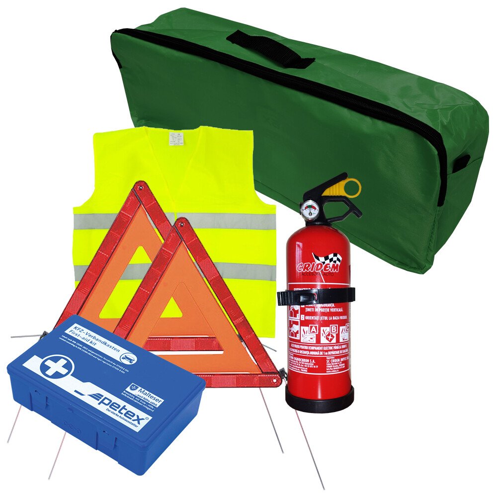 First aid package for car, extinguisher, first aid kit PET, 2pcs warning triangle, warning waistcoat, trunk organizer Green thumb