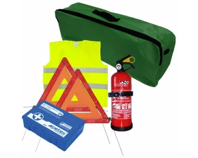 Set pachet prim ajutor auto, trusa sanitara PET, stingator 1kg Cridem, triunghi presemnalizare 2buc, vesta reflectorizanta, geanta organizatoare Verde