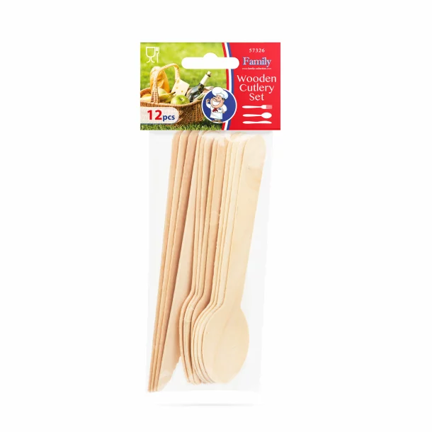Wooden cutlery set - fork, spoon, knife - 12 pieces