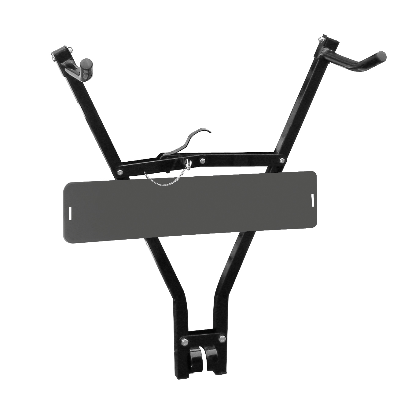 Bike carrier towing hook with license plate holder thumb