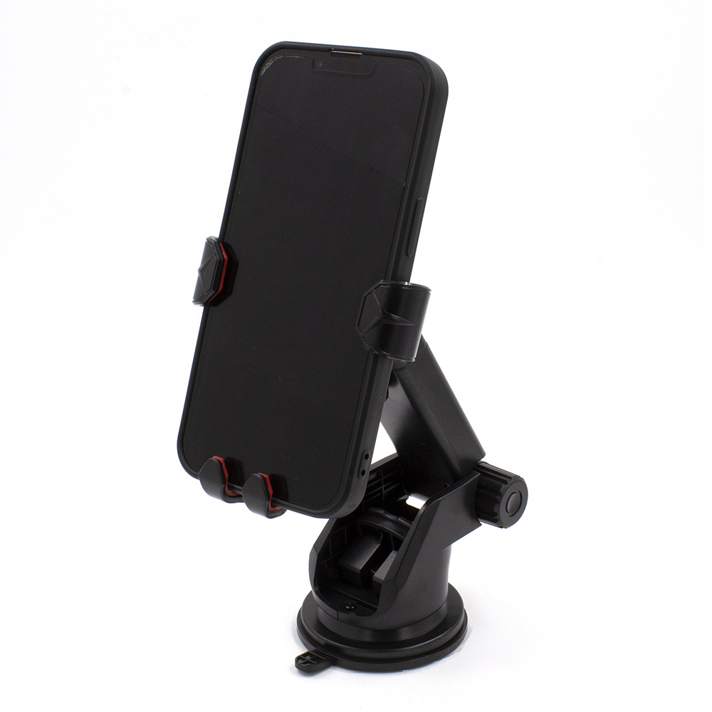 Mobile phone holder with suction cup, adjustable arm length 85-130mm, width 68-85mm, Black/Red thumb